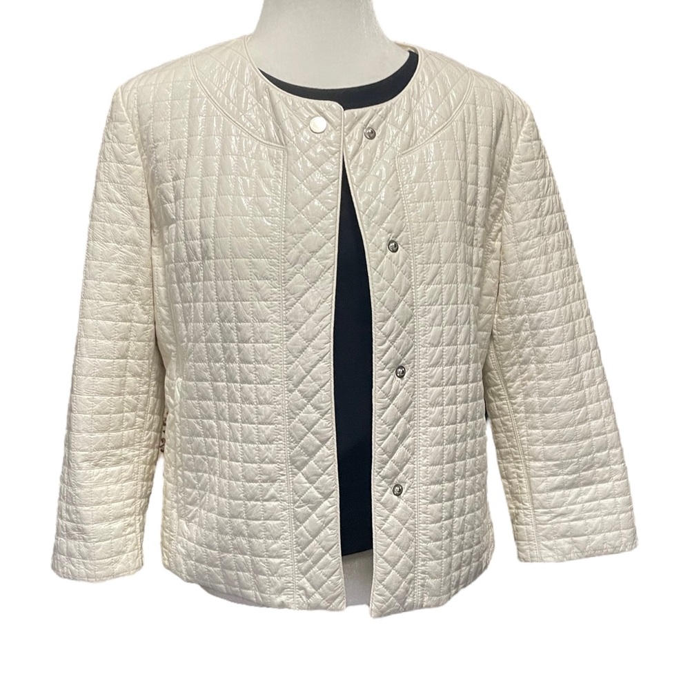 Hilary Radley White Faux Leather Quilted Collarless Jacket, Snap Buttons…